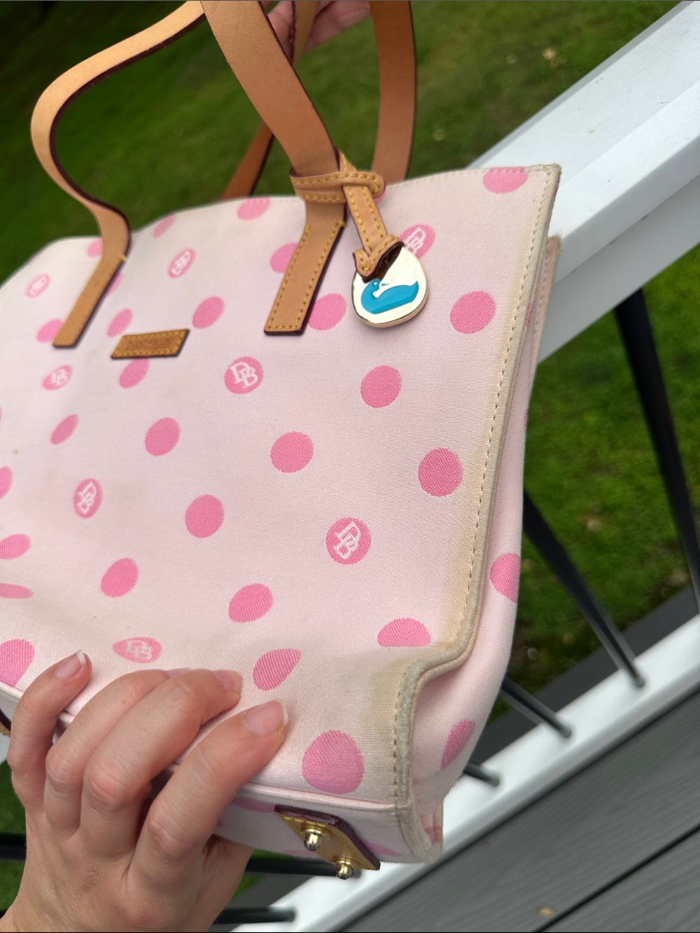 Dooney & Bourke East/West Pink Polka Dot Tote Bag with Tan Straps - Picture 12 of 15